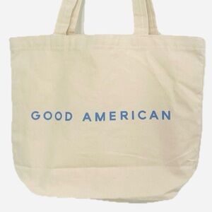 Good American Beige Canvas Tote with Blue Lettering